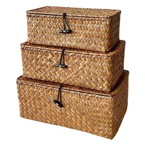 Handwoven Seagrass Storage Basket with Lid | Wedding Favor Gift Box, Bamboo Rectangular