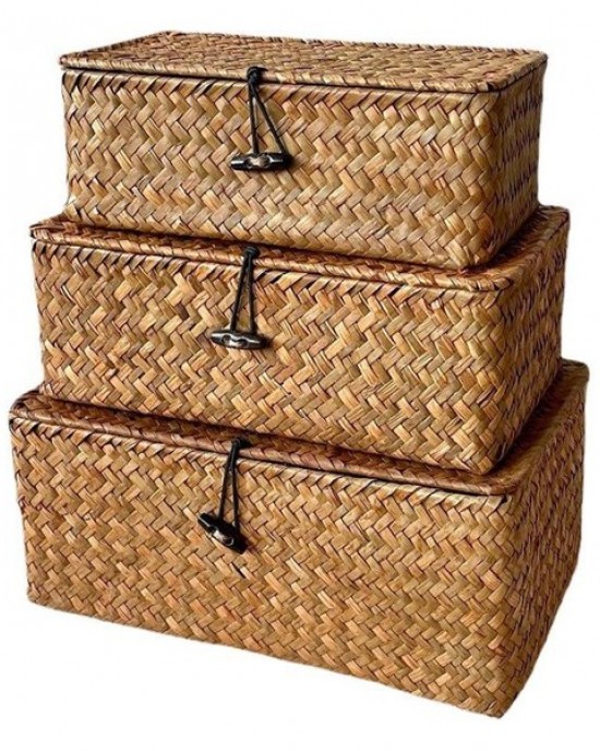 Handwoven Seagrass Storage Basket with Lid | Wedding Favor Gift Box, Bamboo Rectangular