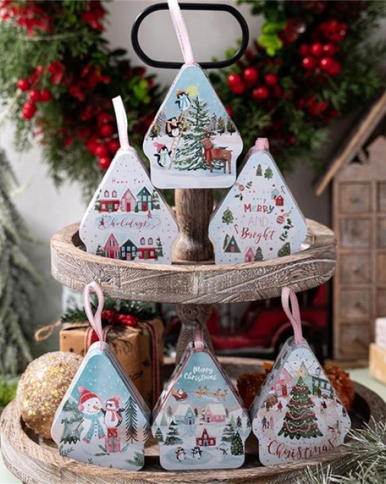 Pack of 6 Holiday Gift Boxes Tin House Shaped Tinplate Candy Storage Containers